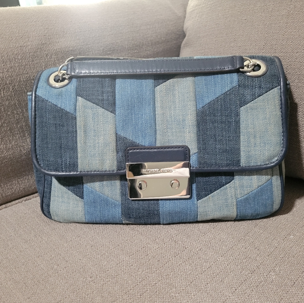 Michael kors sloan navy blue denim Jean silver chain bag crossbody